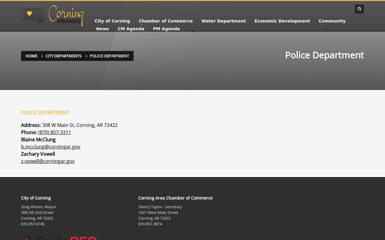 Official Corning Police Department contact page for local warrant routing